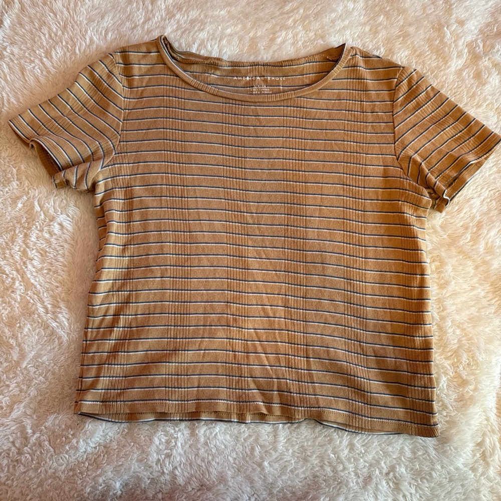 American Eagle Outfitters Tan Striped Short Sleeve Tee